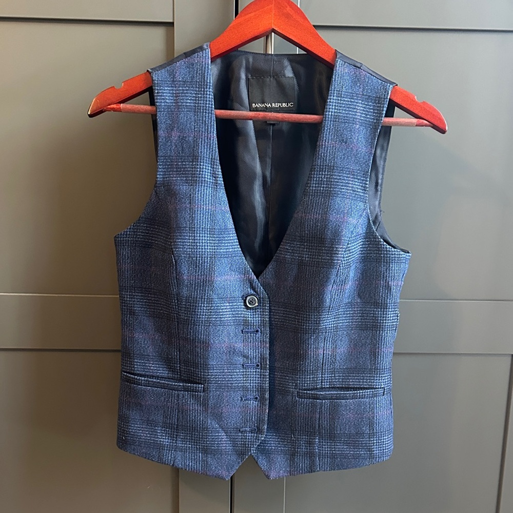 Banana Republic Navy Blue Plaid Wool Vest